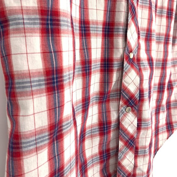 Wrangler M Wrancher Shirt Red Blue Plaid Pearl Snap Button Short Sleeve Collared - Picture 3 of 13